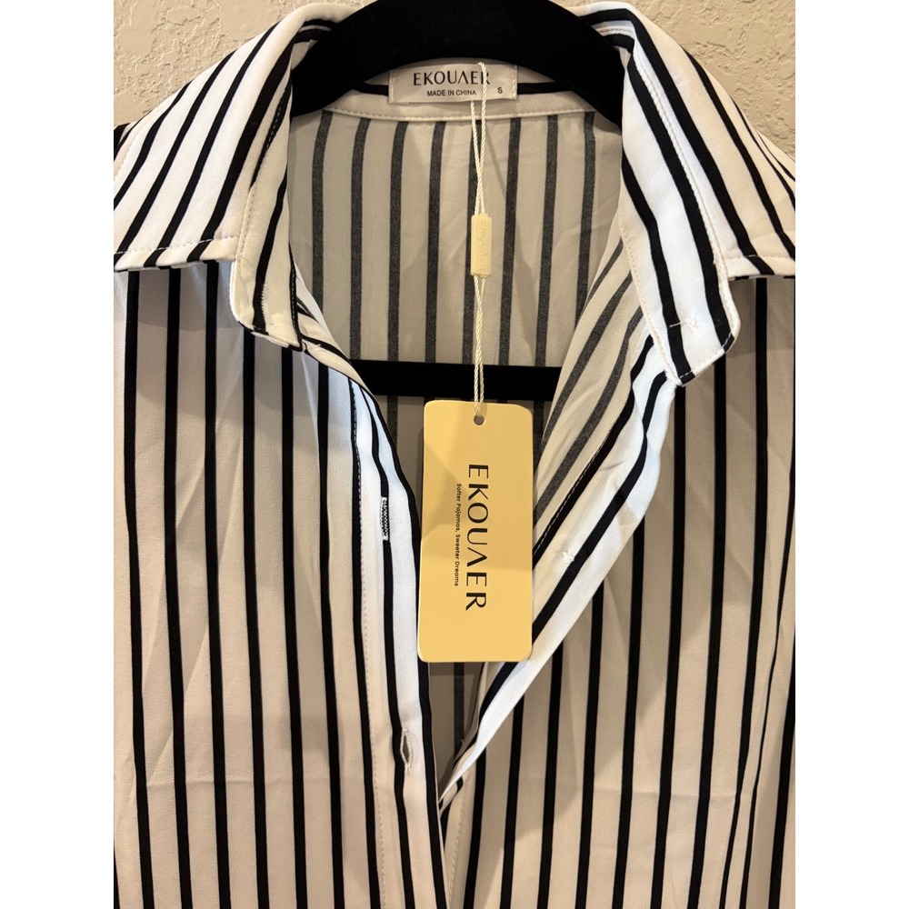 Ekouaer Womens Striped Button Down Swim Cover Up Black White Oversized Small NWT - Picture 2 of 6